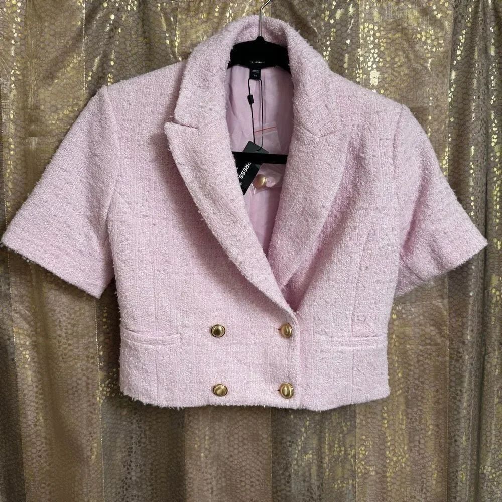 Express Pastel Spring Pink Tweed Double-Breasted Cropped Blazer XS NWT